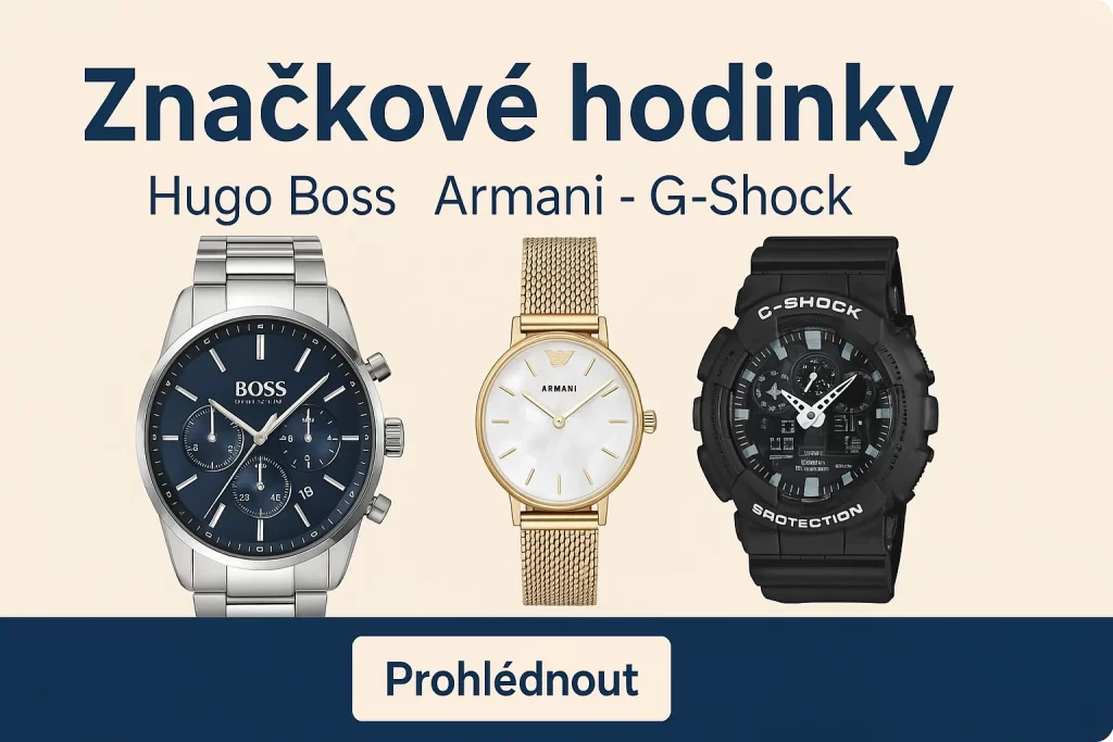 Moderní reklamní banner Hodinkovo.cz s logem a značkovými hodinkami jako G-Shock, Armani a Hugo Boss.