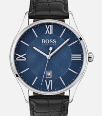 Hugo Boss 1513553 Governor – luxusní pánské hodinky s tmavě modrým ciferníkem, stříbrným pouzdrem a černým koženým řemínkem. Elegantní styl pro moderního muže, ideální k obleku i do práce.