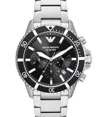 Pánské hodinky Emporio Armani s černým ciferníkem a stříbrným ocelovým náramkem